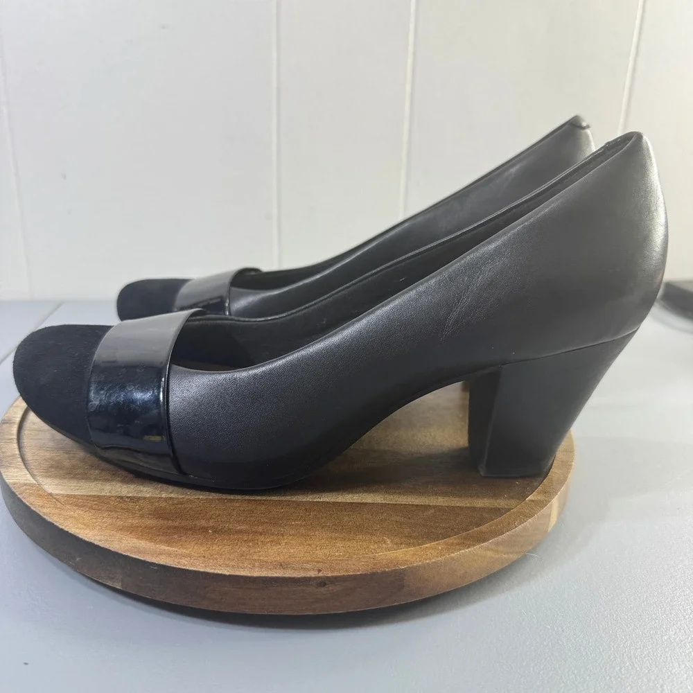 Clarks Collection Womens Black Leather Suede Block Heel Pumps Shoes US 8